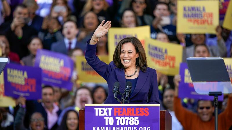 FILE - In this Jan. 27, 2019, file photo, Democratic Sen. Kamala Harris, of California, waves...
