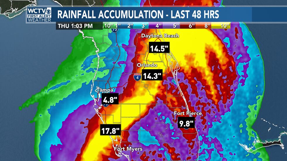 Estimated rainfall accumulation over the past 48 hours in the state of Florida.