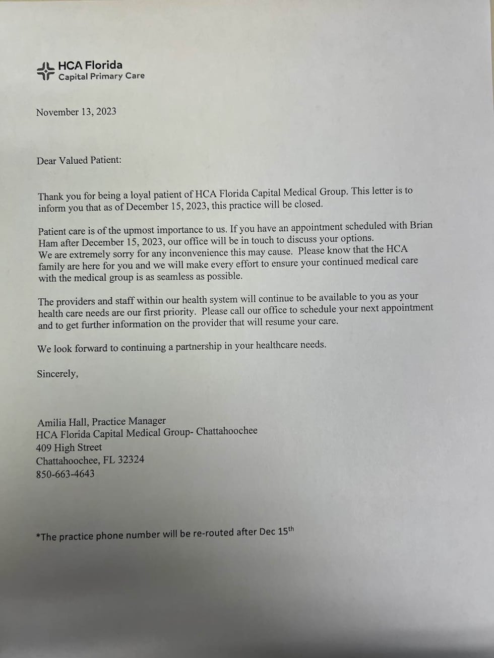 A letter to patients dated November 13, 2023, says the HCA practice in Chattahoochee will...