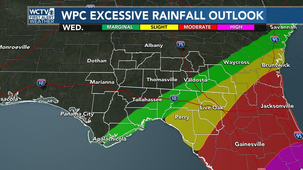 Under half of the Big Bend and South Georgia will be under a marginal or slight risk of...