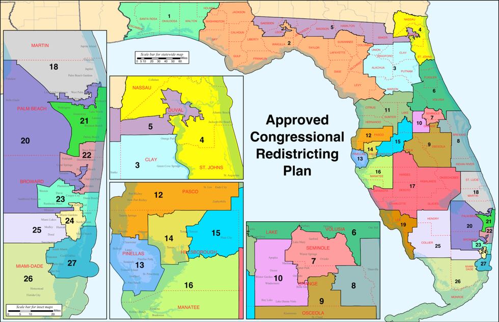 This map shows Florida's current congressional districts.