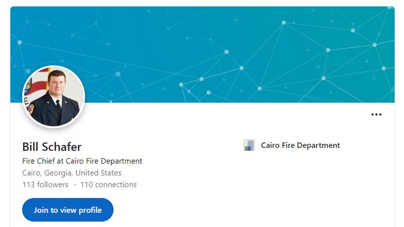 A May 26 screenshot of Bill Schafer's LinkedIn shows his title as Fire Chief at Cairo Fire...