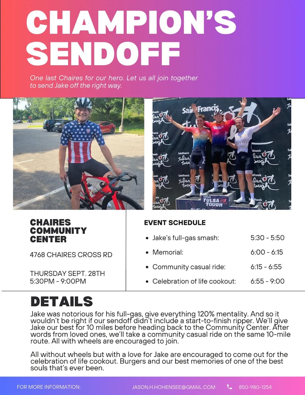 A flyer for the memorial event for Jake Boykin this Thursday.