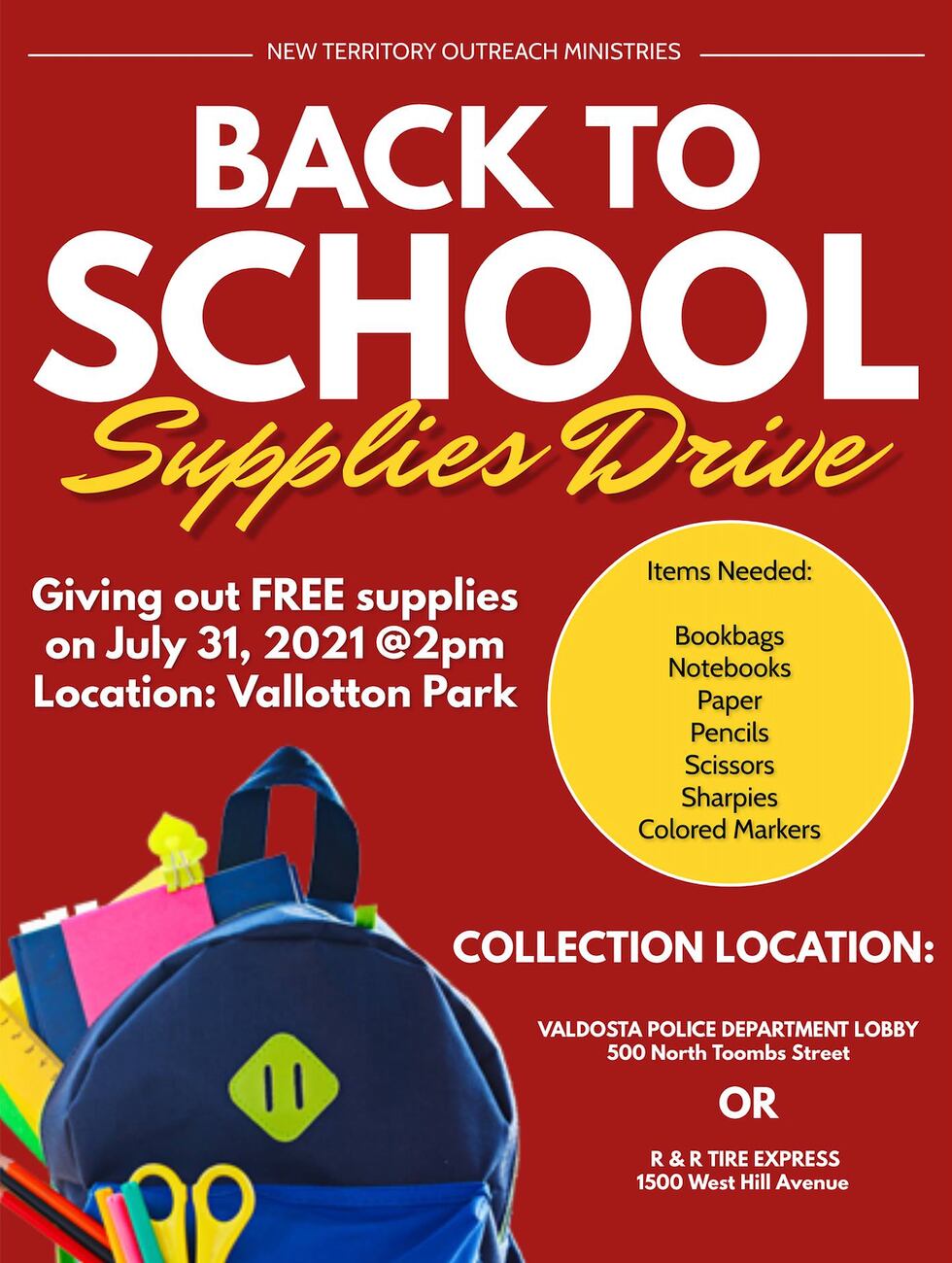 New Territory Outreach Ministries partnered up with VPD for back-to-school supply drive.