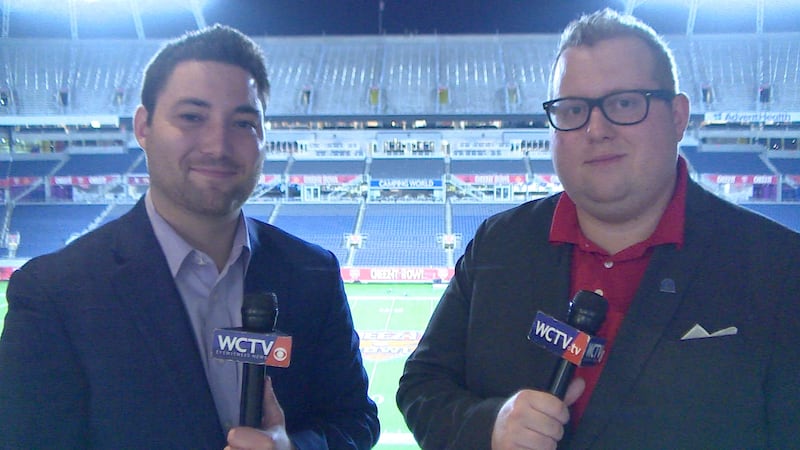 WCTV Sports Director Ryan Kelly and Sports Reporter Dominic Miranda at the Cheez-It Bowl in...