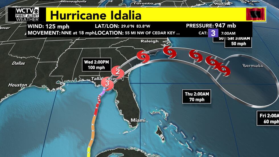 A model shows Hurricane Idalia at about 7 a.m. as it approaches landfall.