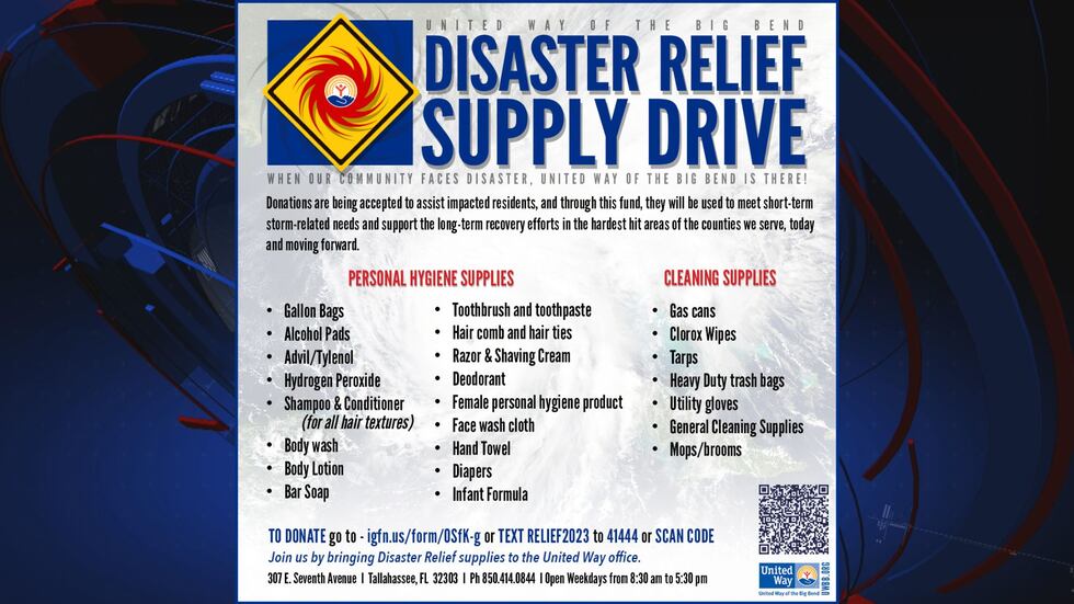 A list of items offered through the Disaster Relief Supply Drive.